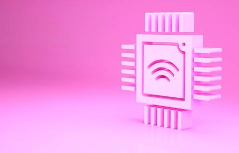 Pink Computer processor with microcircuits CPU icon isolated on pink backgrou Stock Illustration