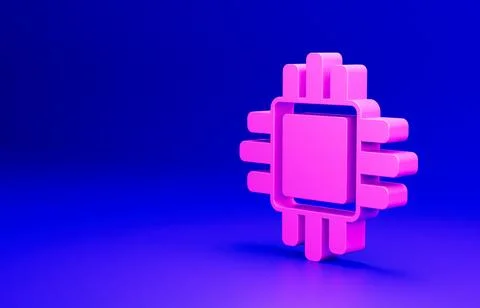 Pink Computer processor with microcircuits CPU icon isolated on blue background Illustrazione stock