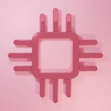 Pink Computer processor with microcircuits CPU icon isolated on pink backgr.. 스톡 일러스트
