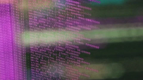 Pink computer software code moving on a black monitor reflect on glass. Abstr 스톡 동영상 144048415