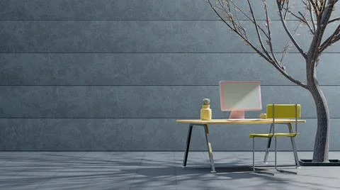 Pink computer on yellow desk beside wall with plant beside it. Side light sha Illustrazione stock