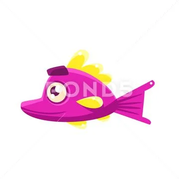 Pink Content Fantastic Aquarium Tropical Fish With Eyebrows Cartoon Character Stock Illustration