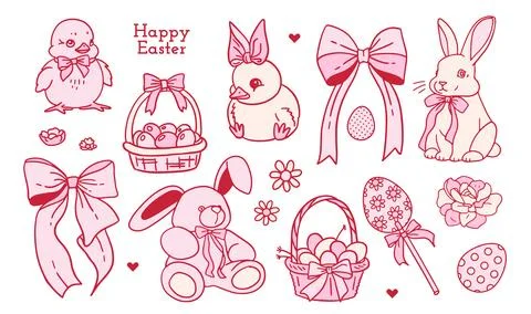 Pink Coquette Easter elements set with Bunny, Egg, Whimsical Rabbit, chick Stockillustratie