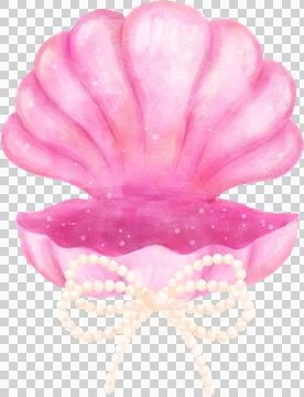 Pink Coquette Open Clam Seashell with Pearl Bow watercolour Stock Illustration