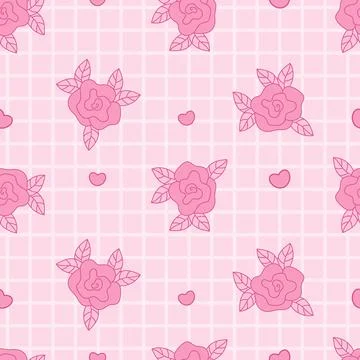 Pink Coquette seamless pattern Pink Rose on checkered background with heart.. 스톡 일러스트