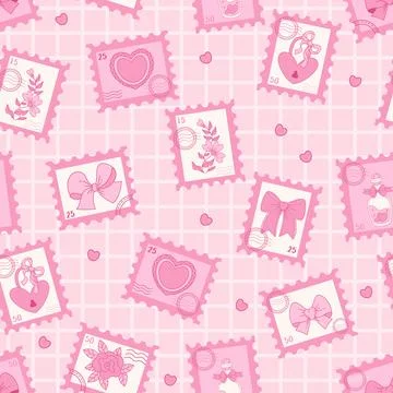 Pink Coquette Seamless Pattern. Romantic Postage Stamps with Ribbon Bow, Ro.. イラスト素材