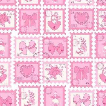 Pink Coquette Seamless Pattern. Romantic Postage Stamp with Ribbon Bow, Ros.. イラスト素材