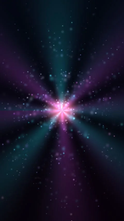 Pink core radiates beams through drifting particles on dark field Stockbeeldmateriaal 331057559