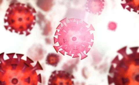 Pink coronavirus cell in sharp focus with blurred red particles Stock Illustration