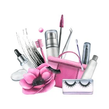 Pink cosmetic bag with tools for artificial eyelash extensions, brushes, false Stock Illustration