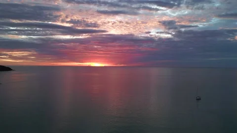 Pink cotton candy clouds, sunset beach. Marvelous aerial view flight drone Stock Footage 234010497