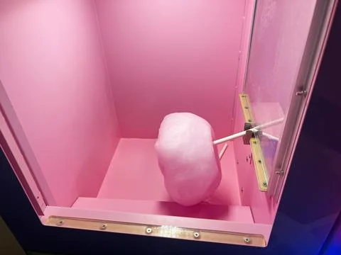 Pink cotton candy in a vending machine with a vibrant and colorful background Stock Photos