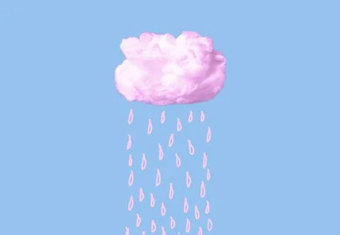 Pink cotton cloud with rain drops on blue sky background. Cloudy weather or Stock Photos
