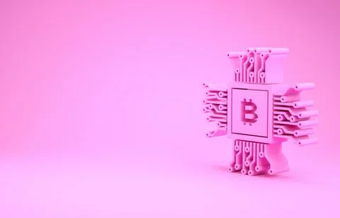 Pink CPU mining farm icon isolated on pink background. Bitcoin sign inside pr Stock Illustration