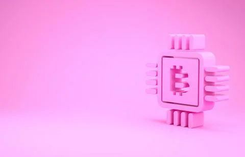 Pink CPU mining farm icon isolated on pink background. Bitcoin sign inside mi Illustrazione stock