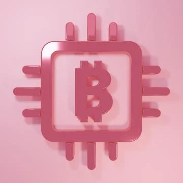 Pink CPU mining farm icon isolated on pink background. Bitcoin sign inside .. 스톡 일러스트