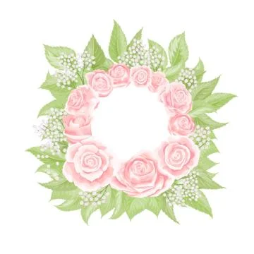 Pink cream rose frame in the shape of circle, hand draw vector illustration Stock Illustration