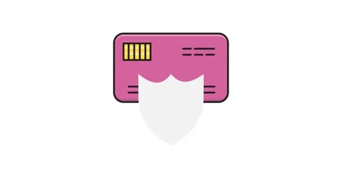 A pink credit card featuring a shield and check mark, symbolizing security .. Stock Footage 335259538
