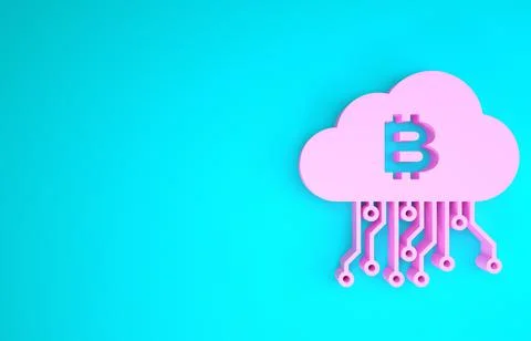 Pink Cryptocurrency cloud mining icon isolated on blue background. Blockchain Illustrazione stock