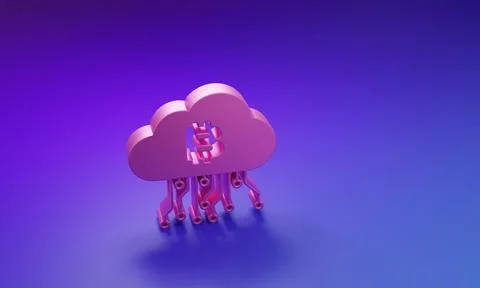 Pink Cryptocurrency cloud mining icon isolated on purple-blue background. B.. Stock Illustration