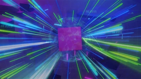 Pink cube appearing centered, cube rotating and tilting, radial streaks pulsing, Stock Footage 334724994