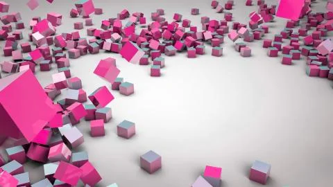 Pink cubes falling on a white isolated surface with a place to place your t.. Stock Photos