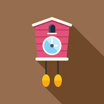 Pink cuckoo clock hanging on brown wall showing time Stock Illustration