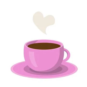 Pink cup of hot coffee, vector illustration in cartoon style. Black coffee with Stock Illustration