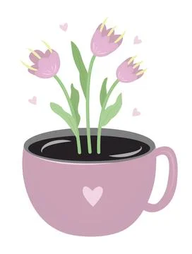 Pink cup with tulips Stock Illustration