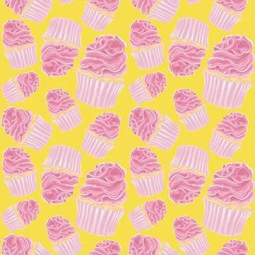 Pink cupcake pattern on yellow background seamless bright pastry design Stock Illustration