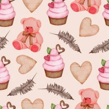 Pink cupcake with sprinkles, hearts, and flowers pattern Stock Illustration