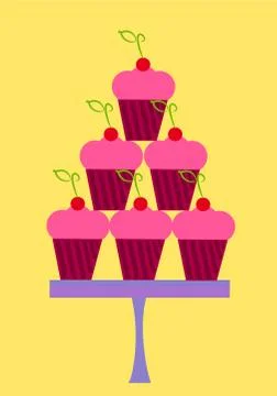 Pink cupcakes with cherry in stack on plate. party sweets Illustrazione stock