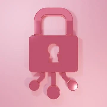 Pink Cyber security icon isolated on pink background. Closed padlock on dig.. 库存插图