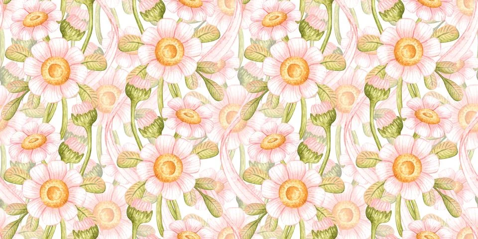 Pink daisies ribbons seamless pattern Stockillustratie