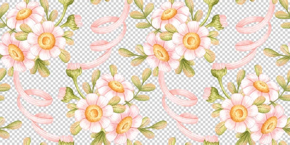 Pink daisies ribbons seamless pattern イラスト素材