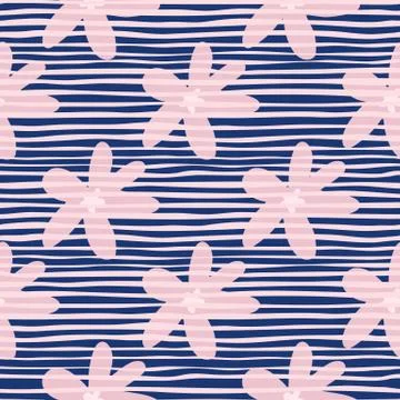 Pink daisy flowers seamless pattern. Background with blue strips. Simple desi イラスト素材