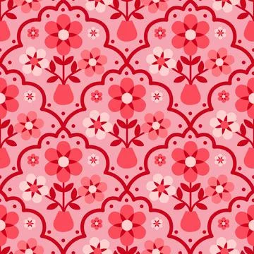 Pink damask floral repeat pattern, ornate stylized blossoms and lattice shape Illustrazione stock