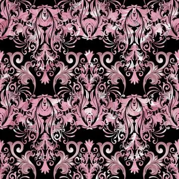 Pink damask vector seamless pattern. Vector floral black background wallpaper 스톡 일러스트
