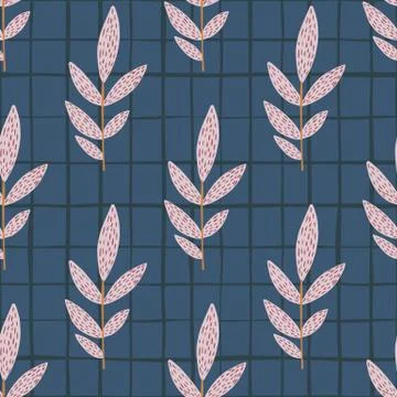 Pink dashed and vertical located branches on dark blue chequered background.  Illustrazione stock