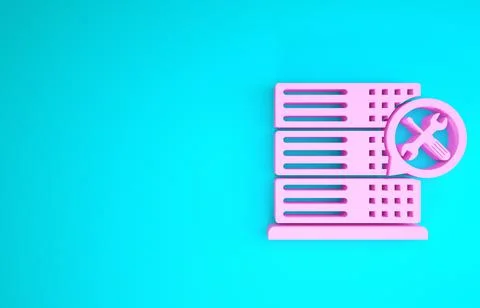 Pink Database server with screwdriver and wrench icon isolated on blue backgr 스톡 일러스트