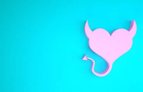 Pink Devil heart with horns and a tail icon isolated on blue background. Vale Stock Illustration