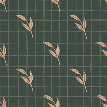 Pink diagonal scandi leaf branches silhouettes seamless pattern. Dark grey ch Stock Illustration
