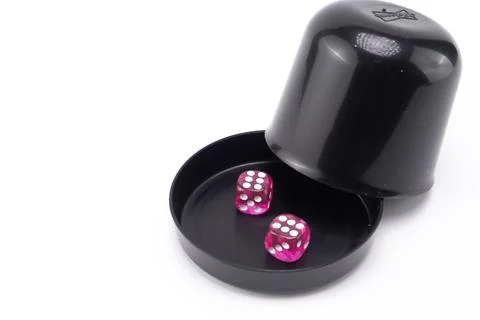 Pink Dice in Black Cup - Two Dice Showing Sixes, Isolated on White Background Stock Photos