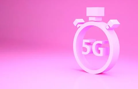 Pink Digital speed meter concept with 5G icon isolated on pink background. Gl Stock Illustration