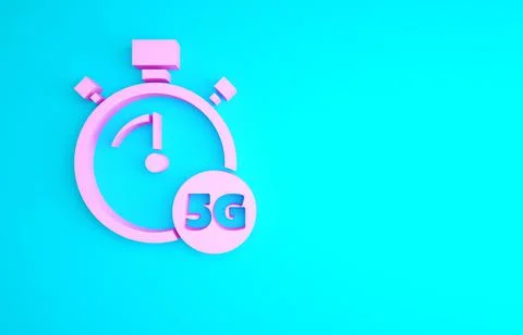 Pink Digital speed meter concept with 5G icon isolated on blue background. Gl Stock Illustration