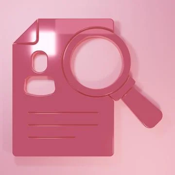 Pink Document, paper analysis magnifying glass icon isolated on pink backgr.. Stock Illustration