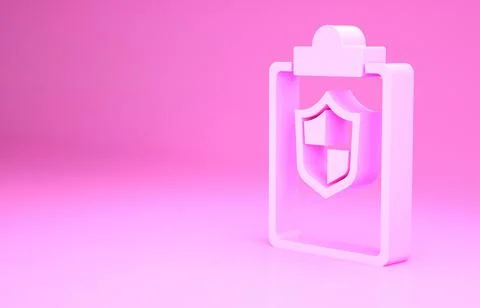 Pink Document with shield icon isolated on pink background. Insurance concept 스톡 일러스트
