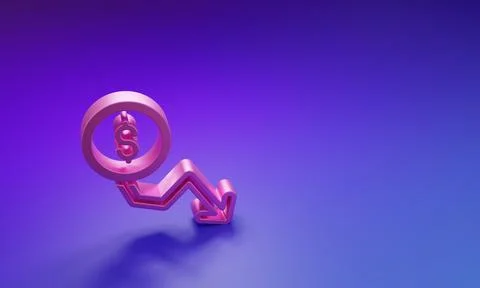 Pink Dollar rate decrease icon isolated on purple-blue background. Cost red.. Illustrazione stock