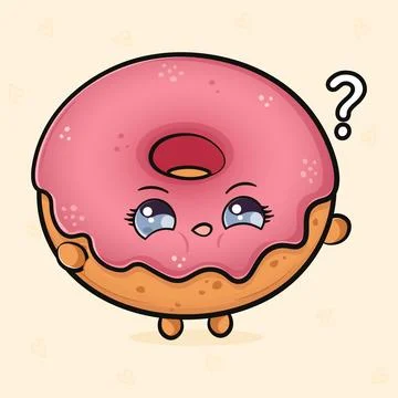 Pink Donut and question mark. Vector hand drawn cartoon kawaii character il.. Stock Illustration