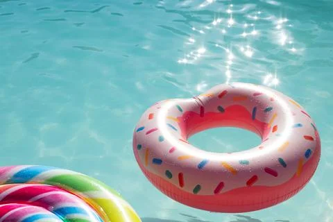 Pink donut-shaped inflatable ring floating in outdoor swimming pool, with Foto stock